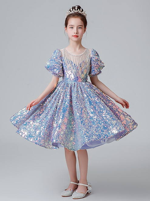 Blue Sequins Puff Sleeve Beading Flower Girl Dress