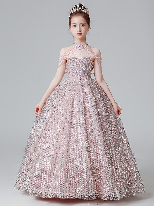 Pink Sequins Halter Beading Flower Girl Dress