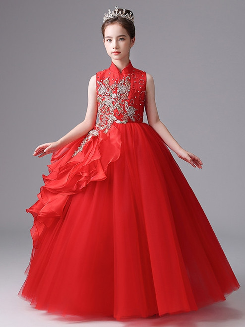 Red Tulle High Neck Appliques Flower Girl Dress
