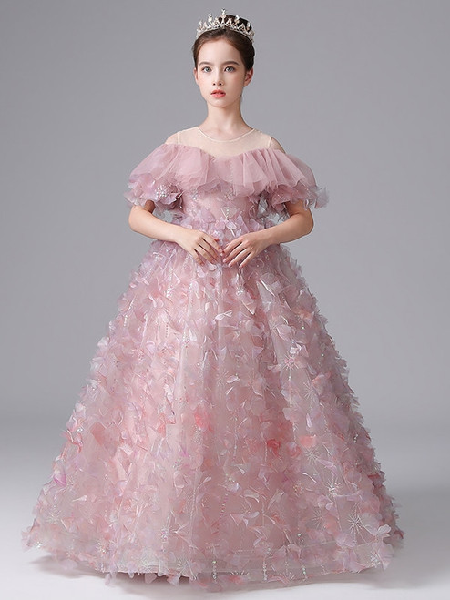 Pink Lace Sequins Flower Girl Dress