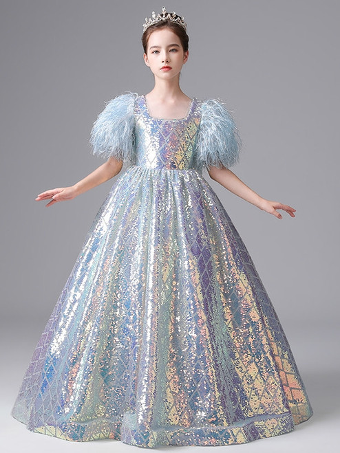 Light Blue Sequins Puff Sleeve Flower Girl Dress