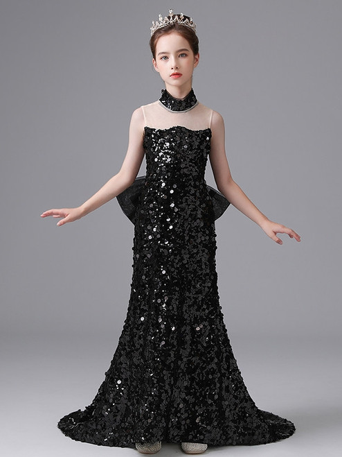 Black Mermaid Sequins High Neck Flower Girl Dress