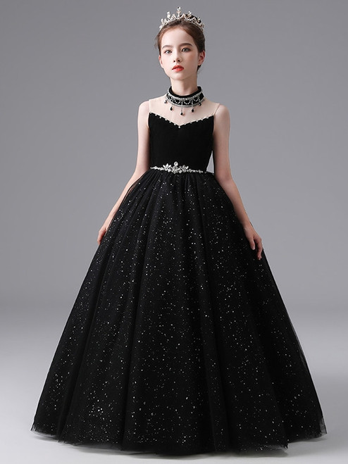 Black Seuqins High Neck Flower Girl Dress