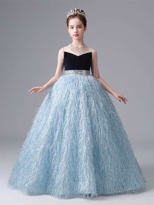 Blue Tassel Beading Flower Girl Dress
