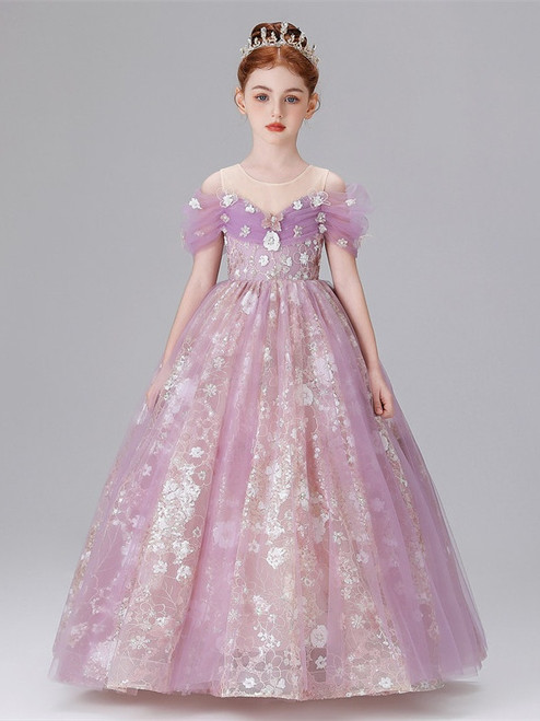 Purple Tulle Lace Flower Girl Dress