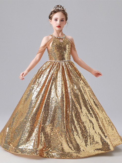 Gold Sequins Halter Beading Flower Girl Dress