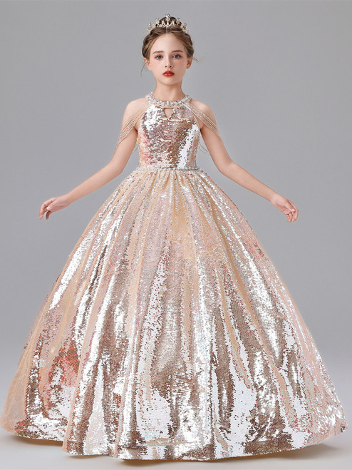 Champagne Pink Sequins Halter Beading Flower Girl Dress