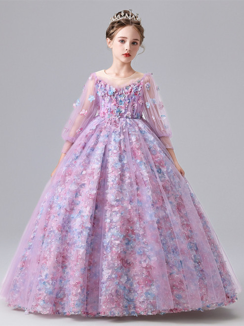 Purple Tulle Long Sleeve Flower Girl Dress