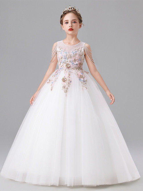 White Tulle Appliques Beading Flower Girl Dress