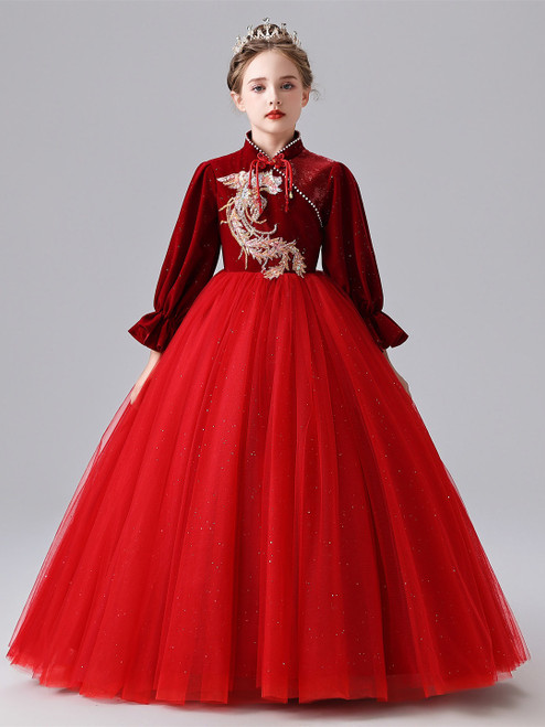 Burgundy Velvet Tulle Long Sleeve Flower Girl Dress