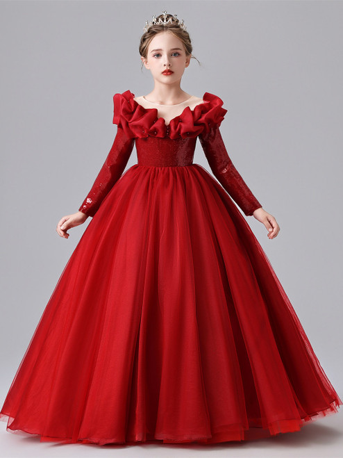 Burgundy Tulle Sequins Long Sleeve Flower Girl Dress