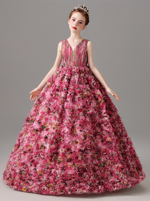 Tulle Print V-neck Pleats Flower Girl Dress