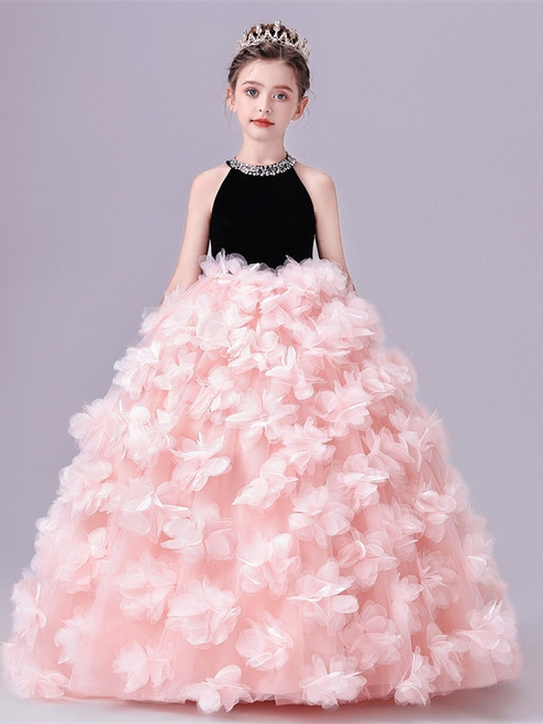 Pink Tulle Halter Velvet Flower Girl Dress