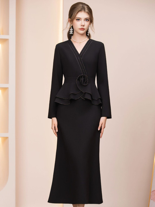 Black Long Sleeve V-neck Mother of the Bride Dress