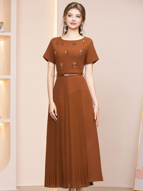 Caramel Short Sleeve Beading Mother of the Bride Dress
