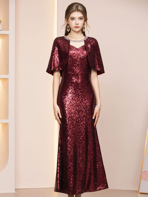 Burgundy Sequins Scoop Neck Mother of the Bride Dress