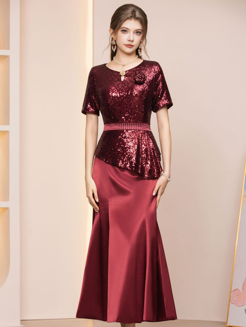 Burgundy Sequins Short Sleeve Mother of the Bride Dress