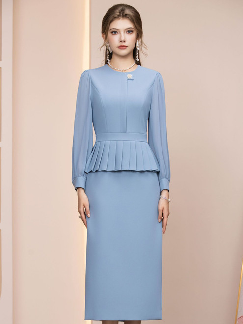 Blue Long Sleeve Pleats Mother of the Bride Dress