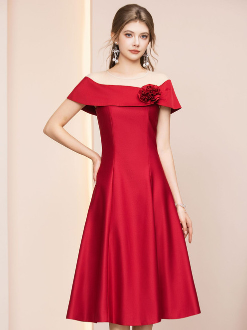Red Satin Scoop Neck Mother of the Bride Dress