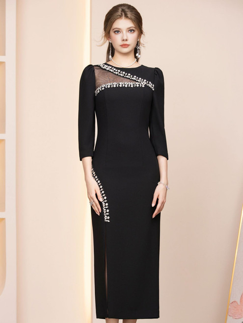 Black 3/4 Sleeve Crystal Mother of the Bride Dress