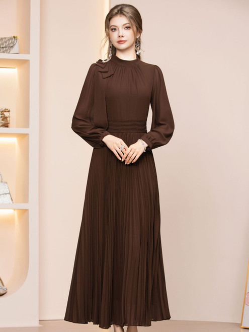 Coffee Chiffon Long Sleeve Pleats Mother of the Bride Dress