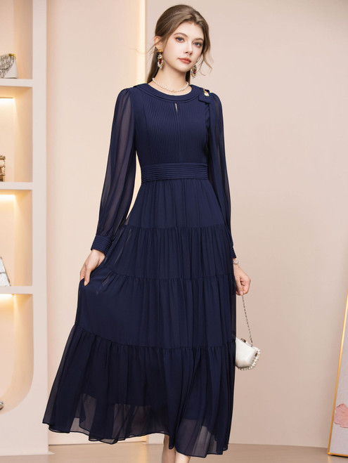 Navy Blue Chiffon Pleats Mother of the Bride Dress