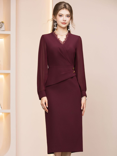 Burgundy V-neck Long Sleeve Mother of the Bride Dress