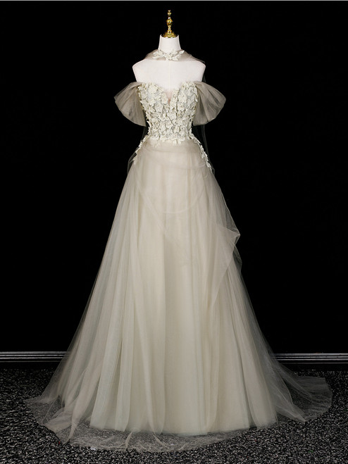 Tulle Strapless Appliques Prom Dress