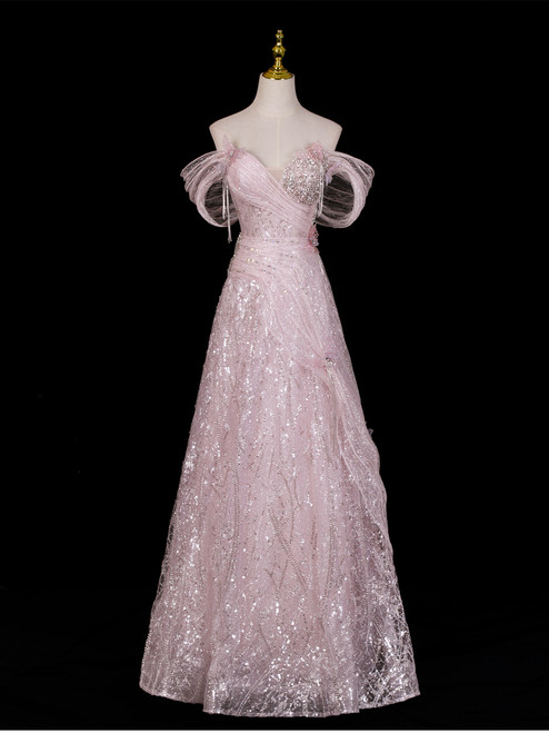 Pink Sequins Off the Shoulder Crystal Prom Dress