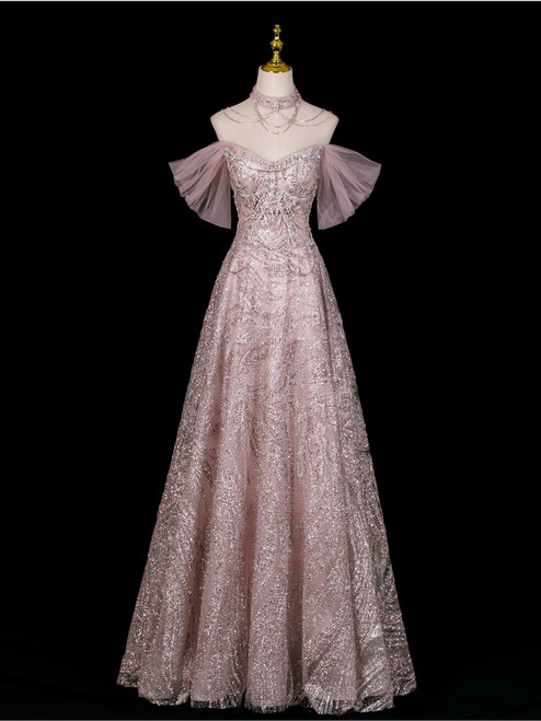 Pink Sequins Off the Shoulder Prom Dress