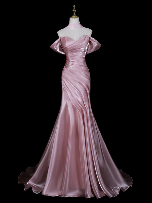 Pink Mermaid Off the Shoulder Pleats Prom Dress