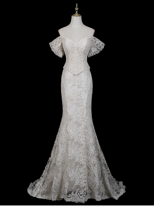 Beige White Mermaid Lace Strapless Prom Dres