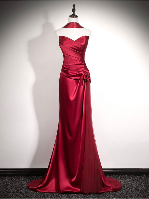 Burgundy Mermaid Satin Pleats Prom Dress