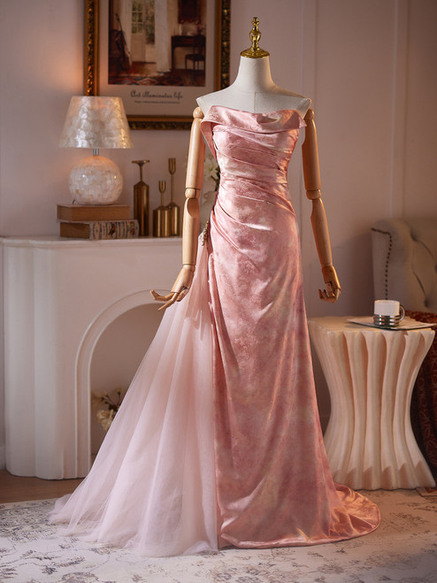 Pink Print Strapless Pleats Prom Dress