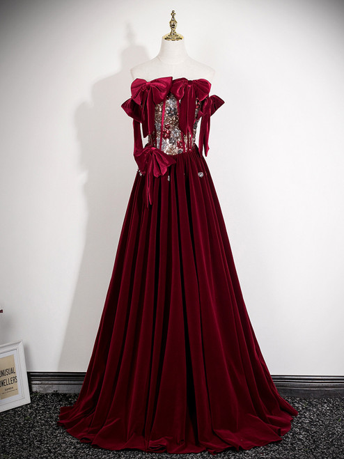 Burgundy Velvet Strapless Bow Prom Dress