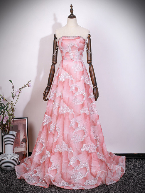 Pink Sequins Tulle Beading Prom Dress