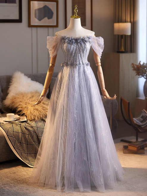 Gray Tulle Sequins Beading Flower Prom Dress