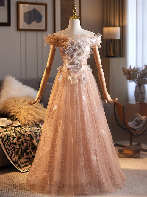 Champagne Tulle Sequins Flower Prom Dress