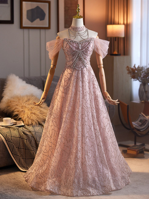 Pink Sequins Off the Shoulder Beading Prom Dress