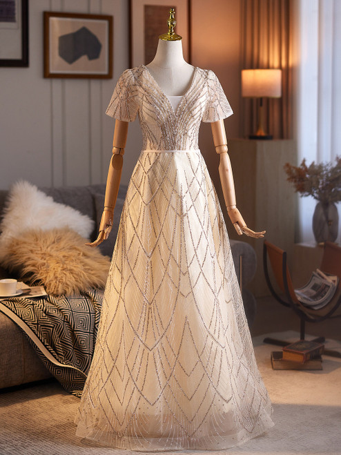 Champagne Sequins V-neck Short Sleeve Prom Dress