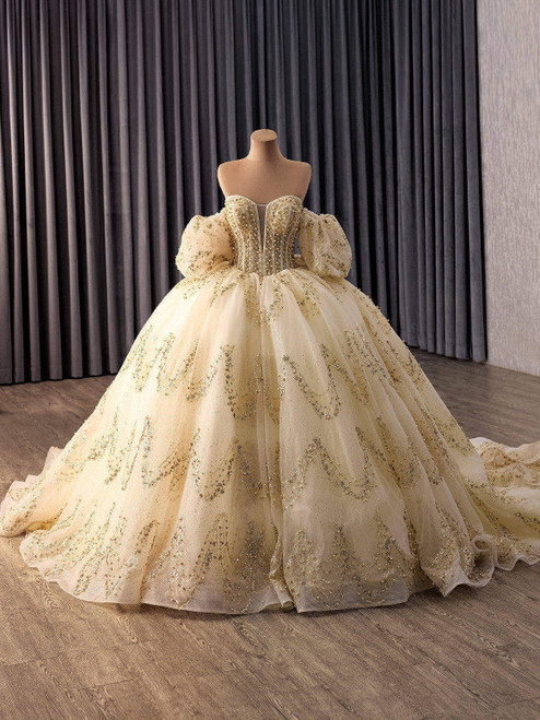 Light Yellow Sequins Puff Sleeve Prom Dress