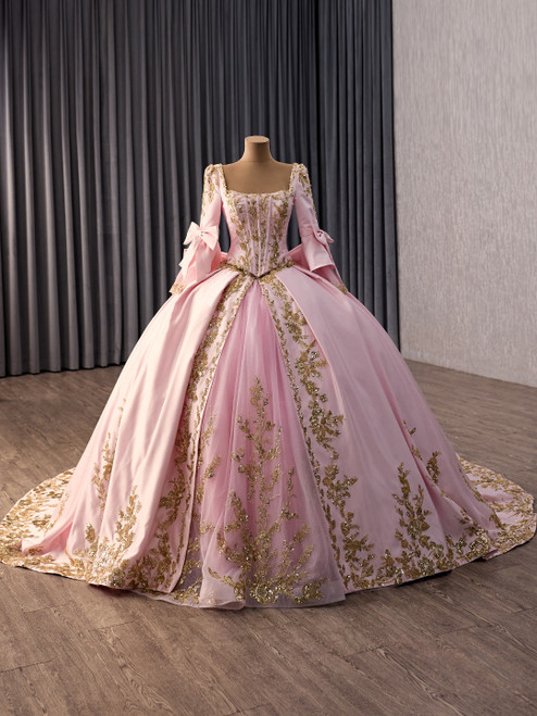 Pink Long Sleeve Satin Appliques Prom Dress