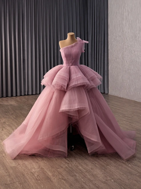 Pink Tulle One Shoulder Pleats Prom Dress