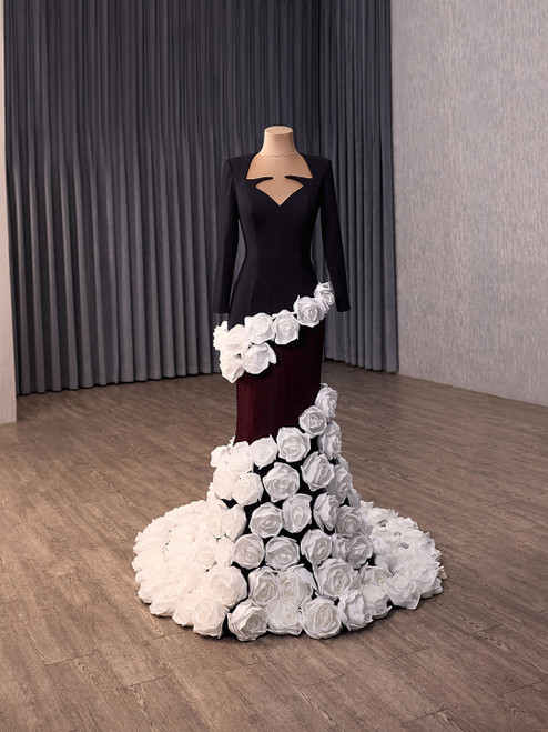 Black Mermaid White Flower Long Sleeve Prom Dress