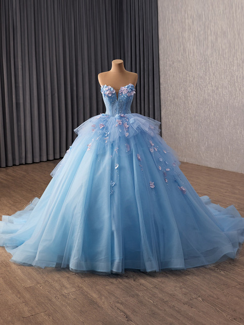 Blue Tulle Strapless Flower Prom Dress