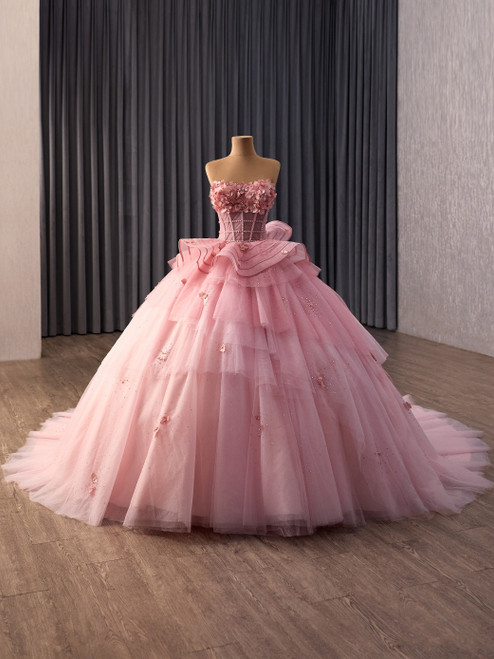 Pink Tulle Strapless Appliques Prom Dress