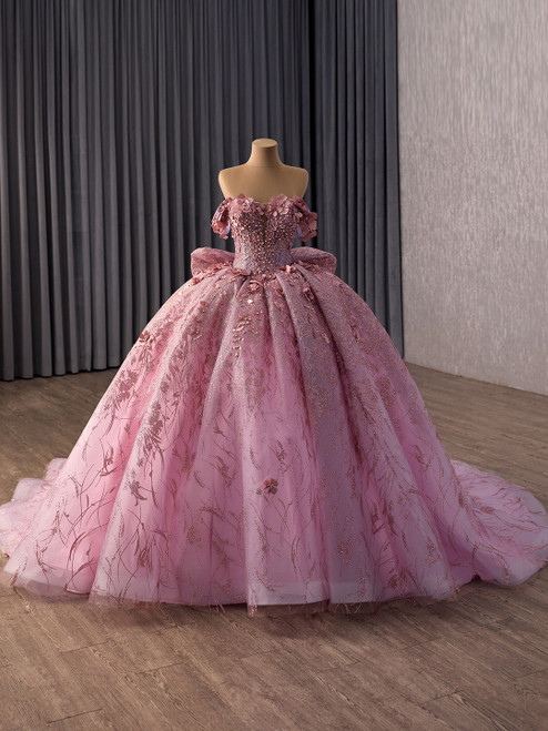 Pink Tulle Off the Shoulder Appliques Prom Dress