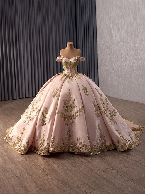 Pink Satin Off the Shoulder Appliques Prom Dress