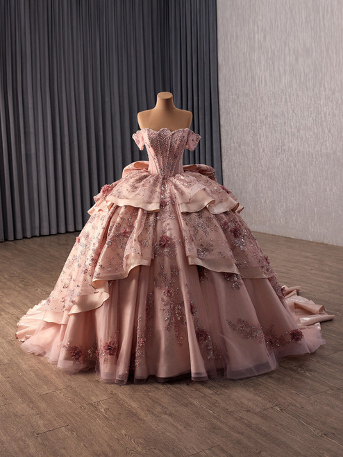 Pink Off the Shoulder Appliques Prom Dress