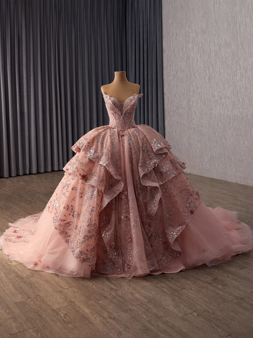 Pink Sequins Strapless Flower Prom Dress